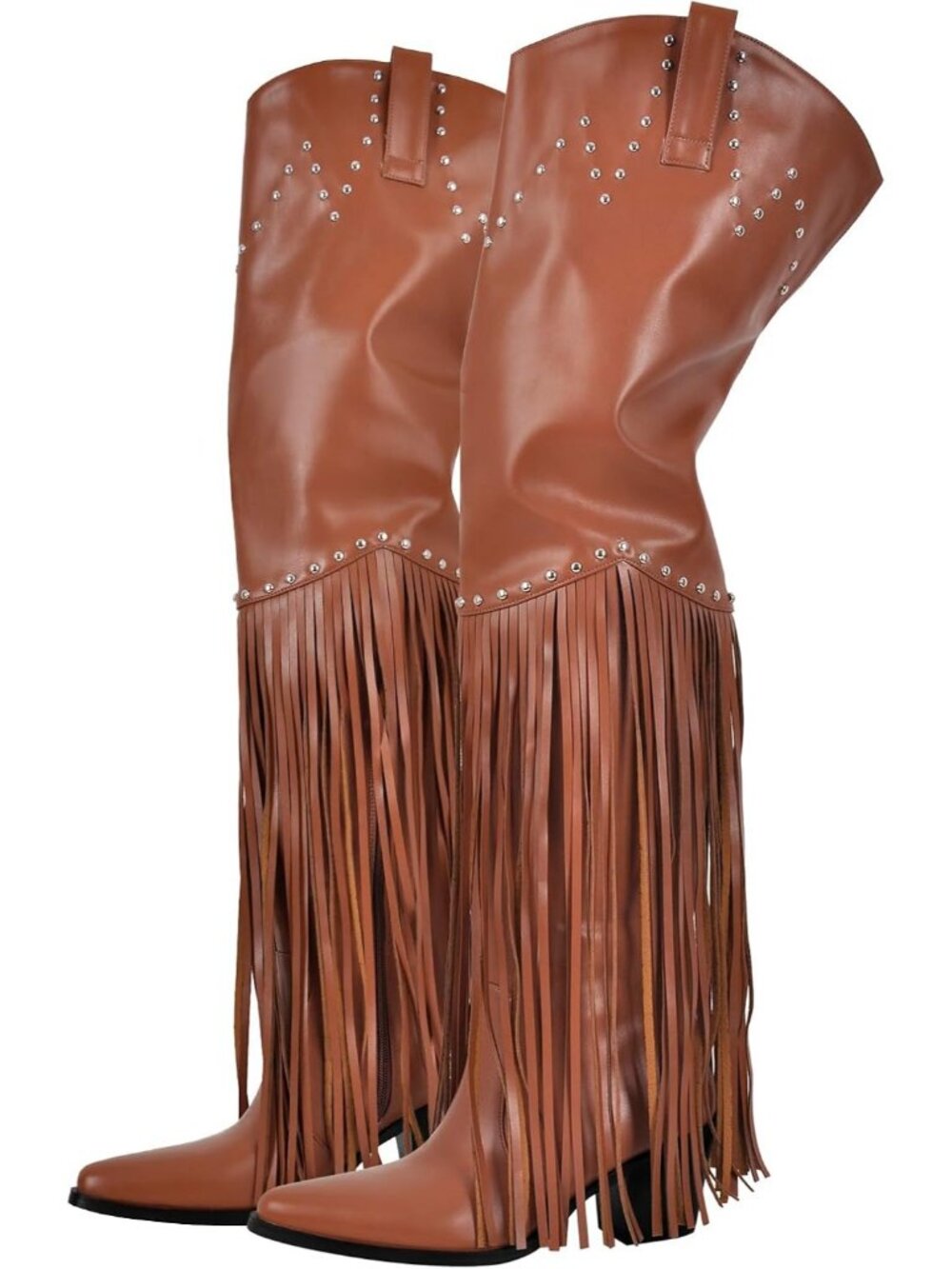Women's Brown Fringe Over Knee Thigh High Western Wide Calf Cowboy Boots